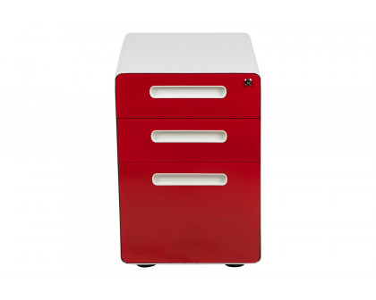 BLNK Wren Ergonomic 3-Drawer Mobile Locking Filing Cabinet with Anti-Tilt Mechanism and Letter-Legal Drawer - White/Red