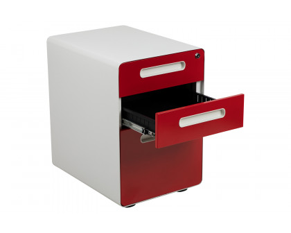 BLNK Wren Ergonomic 3-Drawer Mobile Locking Filing Cabinet with Anti-Tilt Mechanism and Letter-Legal Drawer - White/Red