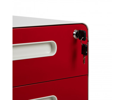 BLNK Wren Ergonomic 3-Drawer Mobile Locking Filing Cabinet with Anti-Tilt Mechanism and Letter-Legal Drawer - White/Red