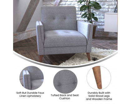 BLNK™ Conrad Commercial Mid-Century Modern Arm Chair with Tufted Faux Linen Upholstery and Solid Wood Legs - Slate Gray