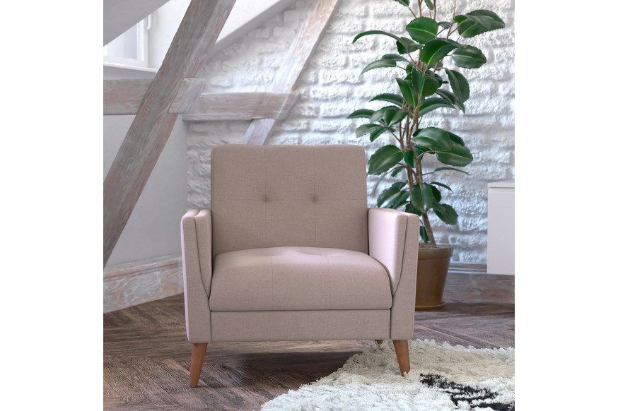 BLNK™ Conrad Commercial Mid-Century Modern Arm Chair with Tufted Faux Linen Upholstery and Solid Wood Legs - Taupe