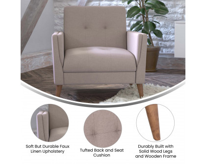 BLNK™ Conrad Commercial Mid-Century Modern Arm Chair with Tufted Faux Linen Upholstery and Solid Wood Legs - Taupe