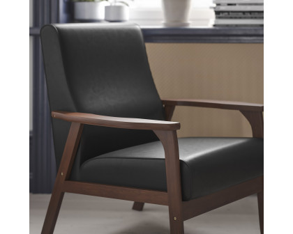 BLNK™ Langston Commercial LeatherSoft Upholstered Mid Century Modern Arm Chair with Walnut Finished Wooden Frame and Arms - Black