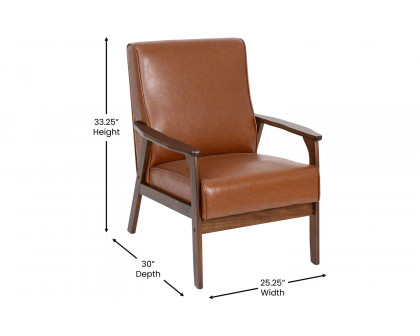 BLNK™ Langston Commercial LeatherSoft Upholstered Mid Century Modern Arm Chair with Walnut Finished Wooden Frame and Arms - Cognac