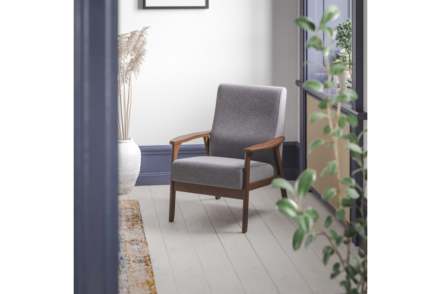 BLNK™ - Langston Commercial Faux Linen Upholstered Mid Century Modern Arm Chair with Walnut Finished Wooden Frame and Arms