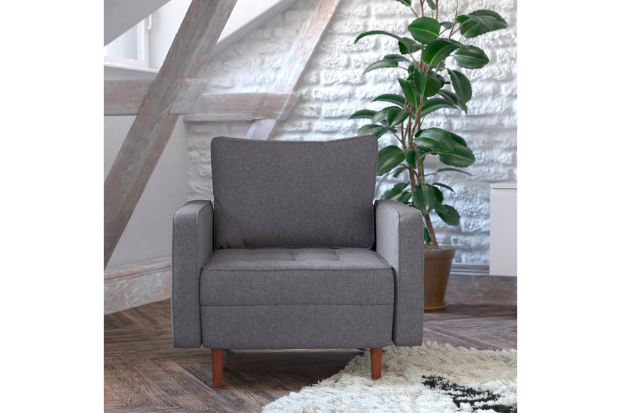 BLNK™ Hudson Commercial Mid-Century Modern Arm Chair with Tufted Faux Linen Upholstery and Solid Wood Legs - Dark Gray