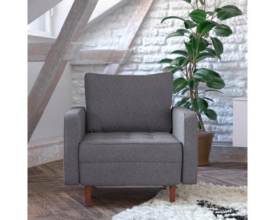 BLNK Hudson Commercial Mid-Century Modern Arm Chair with Tufted Faux Linen Upholstery and Solid Wood Legs