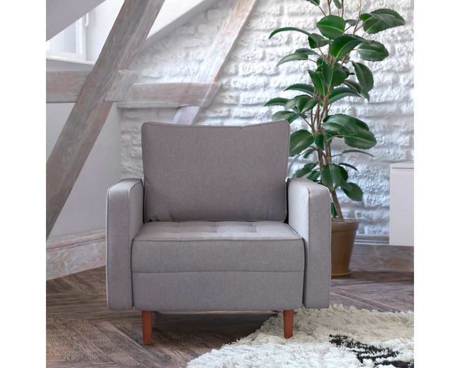 BLNK Hudson Commercial Mid-Century Modern Arm Chair with Tufted Faux Linen Upholstery and Solid Wood Legs - Slate Gray