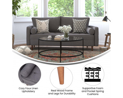 BLNK Hudson Mid-Century Modern Sofa with Tufted Faux Linen Upholstery and Solid Wood Legs - Dark Gray