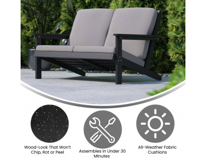 BLNK Charlestown All-Weather Poly Resin Wood Adirondack Style Deep Seat Patio Loveseat with Cushions - Black/Charcoal