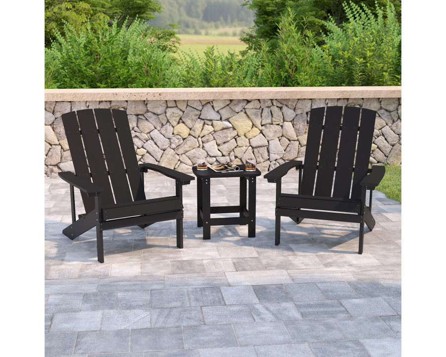 BLNK Charlestown Commercial All-Weather Poly Resin Wood Adirondack Chairs with Side Table 2 Pack - Black