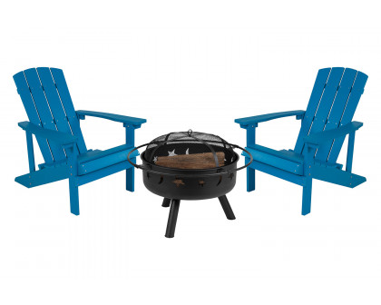 BLNK Charlestown Commercial Poly Resin Wood Adirondack Chair Set with Star and Moon Firepit with Mesh Cover 3 Piece - Blue