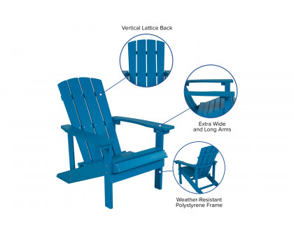 BLNK Charlestown Commercial Poly Resin Wood Adirondack Chair Set with Star and Moon Firepit with Mesh Cover 3 Piece - Blue