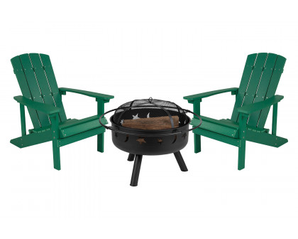 BLNK Charlestown Commercial Poly Resin Wood Adirondack Chair Set with Star and Moon Firepit with Mesh Cover 3 Piece - Green