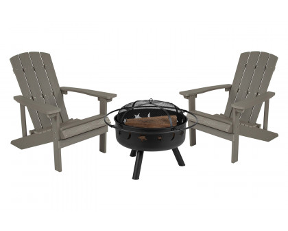 BLNK Charlestown Commercial Poly Resin Wood Adirondack Chair Set with Star and Moon Firepit with Mesh Cover 3 Piece - Gray