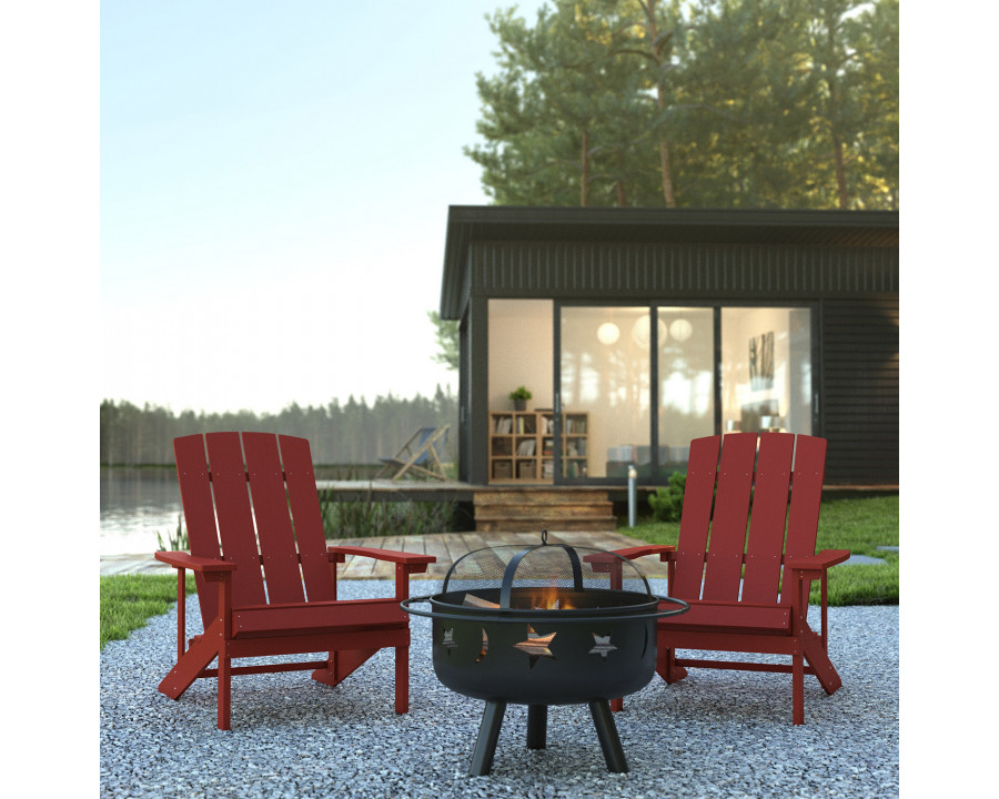 BLNK Charlestown Commercial Poly Resin Wood Adirondack Chair Set with Star and Moon Firepit with Mesh Cover 3 Piece - Red