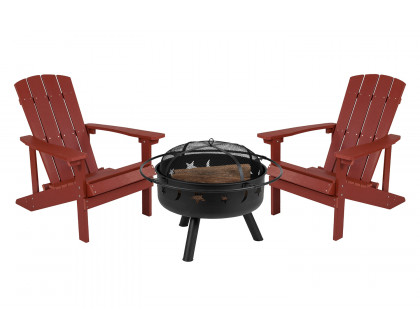 BLNK Charlestown Commercial Poly Resin Wood Adirondack Chair Set with Star and Moon Firepit with Mesh Cover 3 Piece - Red