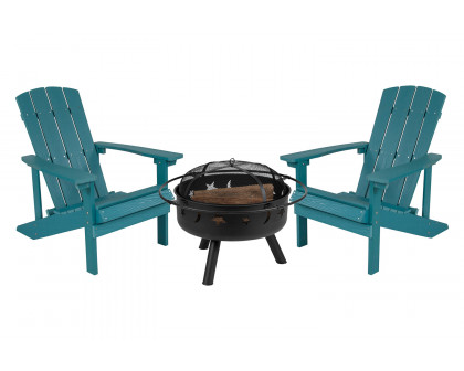 BLNK Charlestown Commercial Poly Resin Wood Adirondack Chair Set with Star and Moon Firepit with Mesh Cover 3 Piece - Sea Foam