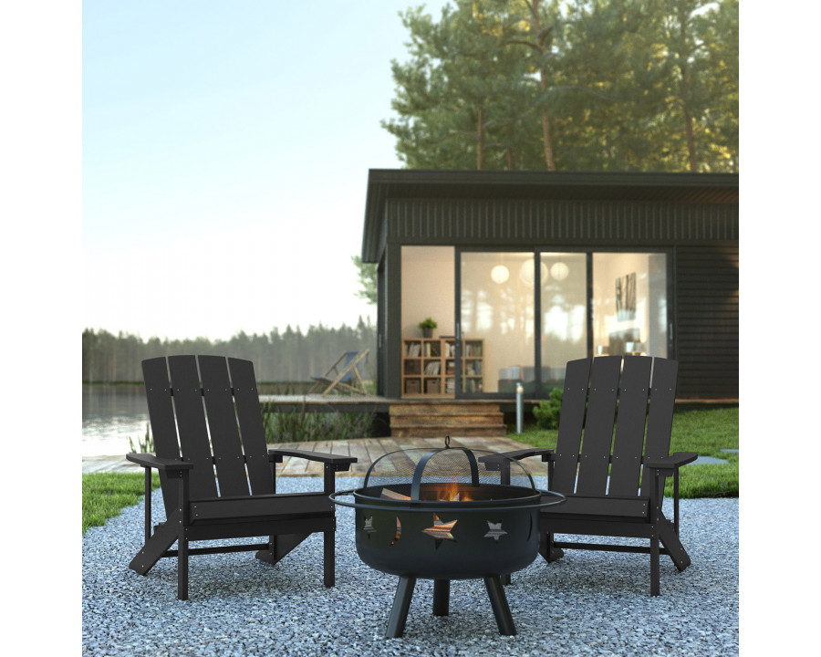 BLNK Charlestown Commercial Poly Resin Wood Adirondack Chair Set with Star and Moon Firepit with Mesh Cover 3 Piece