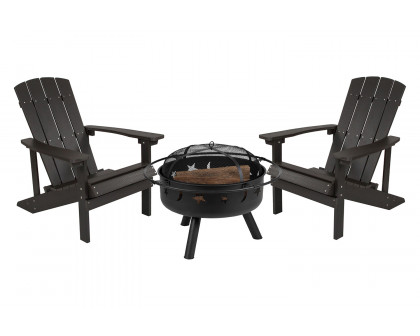 BLNK Charlestown Commercial Poly Resin Wood Adirondack Chair Set with Star and Moon Firepit with Mesh Cover 3 Piece