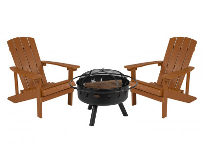 BLNK Charlestown Commercial Poly Resin Wood Adirondack Chair Set with Star and Moon Firepit with Mesh Cover 3 Piece - Teak