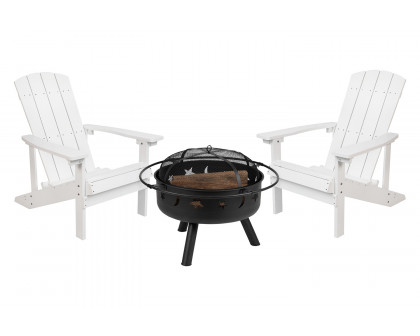 BLNK Charlestown Commercial Poly Resin Wood Adirondack Chair Set with Star and Moon Firepit with Mesh Cover 3 Piece - White