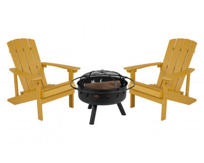 BLNK Charlestown Commercial Poly Resin Wood Adirondack Chair Set with Star and Moon Firepit with Mesh Cover 3 Piece - Yellow