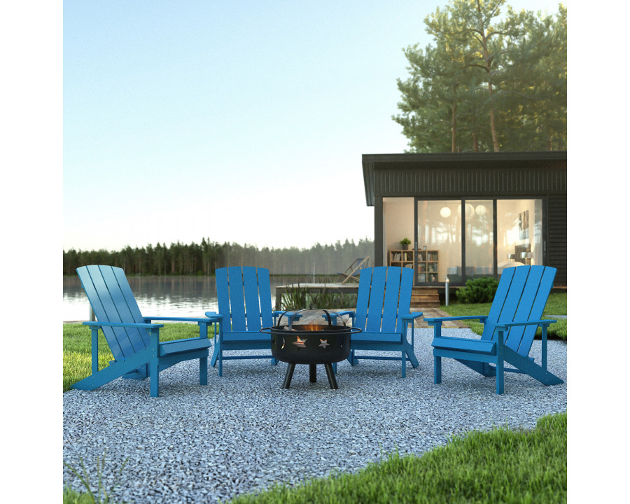 BLNK Charlestown Commercial Poly Resin Wood Adirondack Chair Set with Star and Moon Firepit with Mesh Cover 5 Piece - Blue