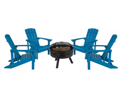 BLNK Charlestown Commercial Poly Resin Wood Adirondack Chair Set with Star and Moon Firepit with Mesh Cover 5 Piece - Blue