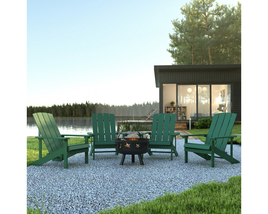 BLNK Charlestown Commercial Poly Resin Wood Adirondack Chair Set with Star and Moon Firepit with Mesh Cover 5 Piece - Green