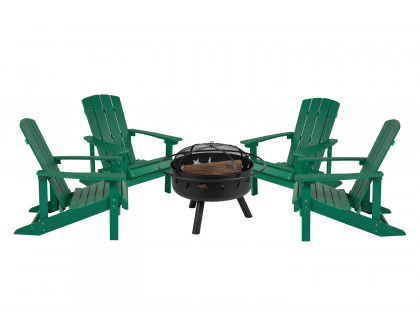 BLNK Charlestown Commercial Poly Resin Wood Adirondack Chair Set with Star and Moon Firepit with Mesh Cover 5 Piece - Green