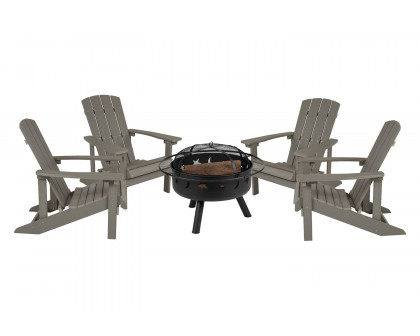 BLNK™ Charlestown Commercial Poly Resin Wood Adirondack Chair Set with Star and Moon Firepit with Mesh Cover 5 Piece - Gray