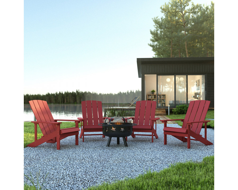 BLNK Charlestown Commercial Poly Resin Wood Adirondack Chair Set with Star and Moon Firepit with Mesh Cover 5 Piece - Red