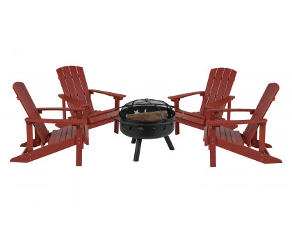 BLNK Charlestown Commercial Poly Resin Wood Adirondack Chair Set with Star and Moon Firepit with Mesh Cover 5 Piece - Red