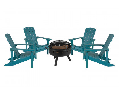 BLNK™ Charlestown Commercial Poly Resin Wood Adirondack Chair Set with Star and Moon Firepit with Mesh Cover 5 Piece - Sea Foam