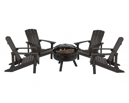 BLNK Charlestown Commercial Poly Resin Wood Adirondack Chair Set with Star and Moon Firepit with Mesh Cover 5 Piece