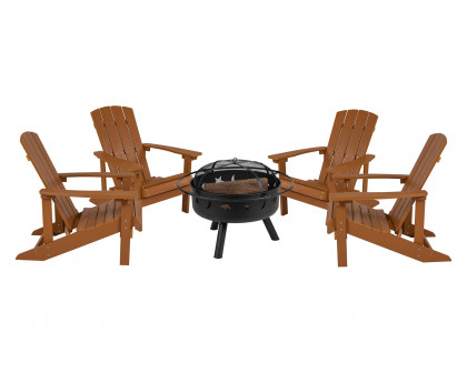 BLNK Charlestown Commercial Poly Resin Wood Adirondack Chair Set with Star and Moon Firepit with Mesh Cover 5 Piece - Teak