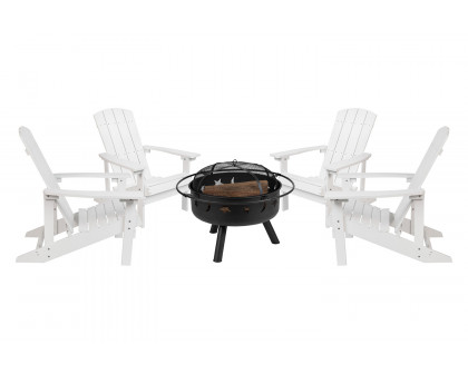 BLNK™ Charlestown Commercial Poly Resin Wood Adirondack Chair Set with Star and Moon Firepit with Mesh Cover 5 Piece - White