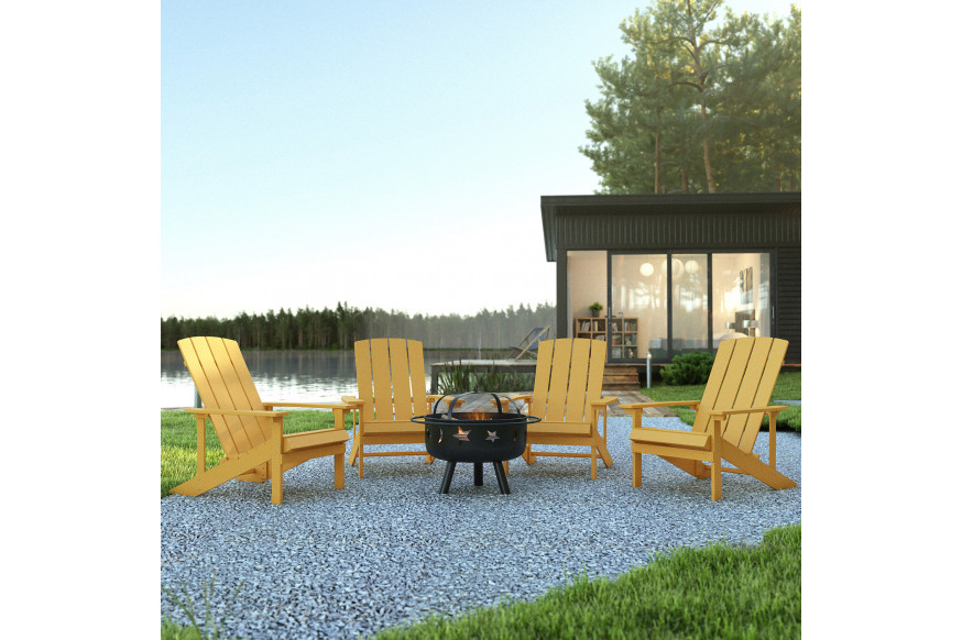 BLNK™ Charlestown Commercial Poly Resin Wood Adirondack Chair Set with Star and Moon Firepit with Mesh Cover 5 Piece - Yellow