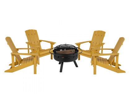 BLNK™ Charlestown Commercial Poly Resin Wood Adirondack Chair Set with Star and Moon Firepit with Mesh Cover 5 Piece - Yellow