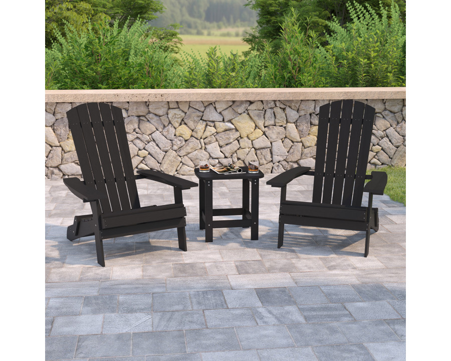 BLNK Charlestown Commercial All-Weather Poly Resin Wood Folding Adirondack Chairs with Side Table 2 Pack - Black