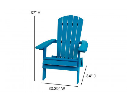 BLNK Charlestown Commercial All-Weather Poly Resin Wood Folding Adirondack Chairs with Side Table 2 Pack - Blue