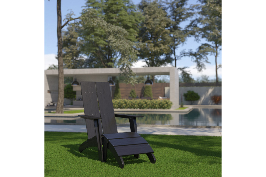 BLNK™ Sawyer Commercial All-Weather Poly Resin Wood Adirondack Chair with Foot Rest - Black