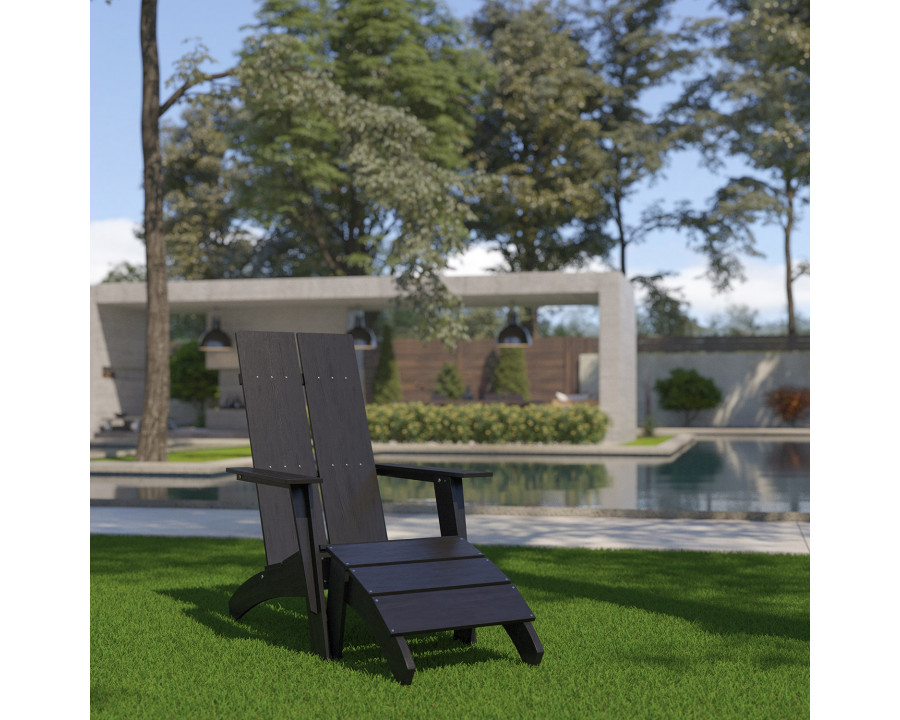 BLNK Sawyer Commercial All-Weather Poly Resin Wood Adirondack Chair with Foot Rest - Black