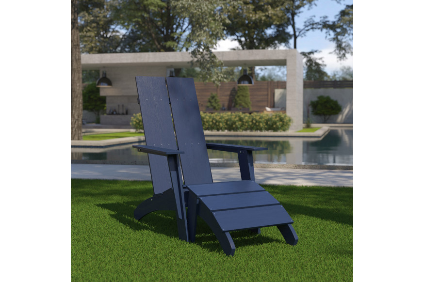 BLNK™ Sawyer Commercial All-Weather Poly Resin Wood Adirondack Chair with Foot Rest - Navy