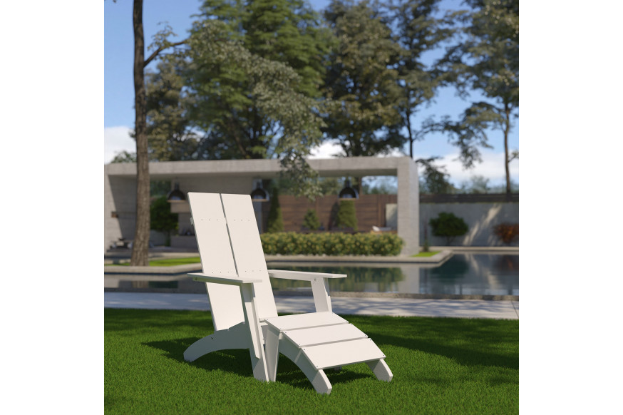 BLNK™ Sawyer Commercial All-Weather Poly Resin Wood Adirondack Chair with Foot Rest - White