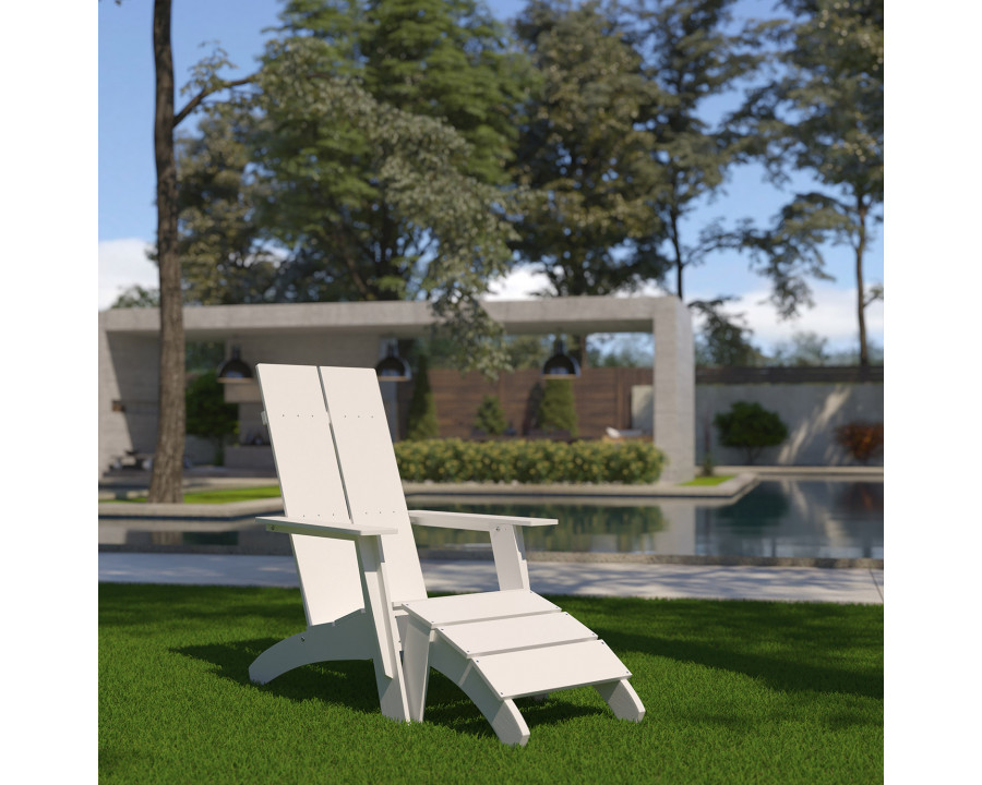 BLNK Sawyer Commercial All-Weather Poly Resin Wood Adirondack Chair with Foot Rest - White