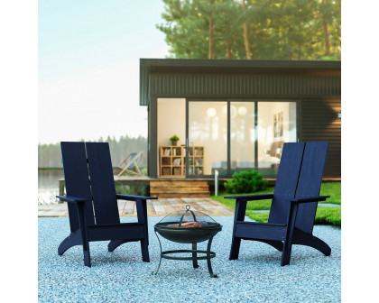 BLNK Sawyer Commercial All-Weather 2-Slat Poly Resin Adirondack Chairs with 22" Round Wood Burning Firepit Set of 2