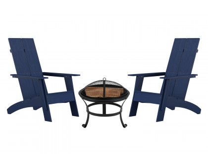 BLNK Sawyer Commercial All-Weather 2-Slat Poly Resin Adirondack Chairs with 22" Round Wood Burning Firepit Set of 2 - Navy