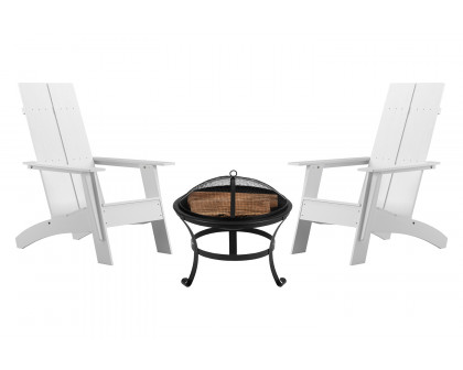 BLNK Sawyer Commercial All-Weather 2-Slat Poly Resin Adirondack Chairs with 22" Round Wood Burning Firepit Set of 2 - White